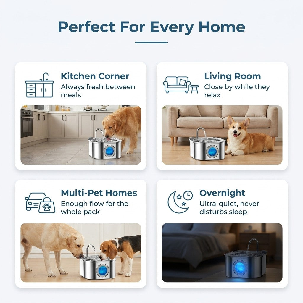 Infographic showing the stainless steel pet water fountain placed around the home in the kitchen corner, living room, multi-pet household, and a quiet bedroom for overnight use.