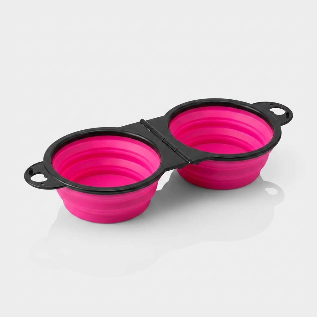 A pink foldable dual bowl feeder sits open and ready for food and water.