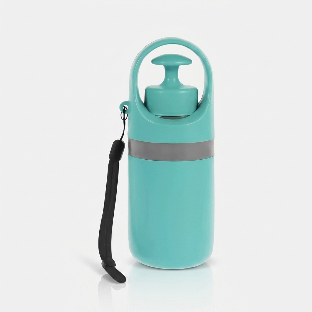 Mint green handheld dog poop scooper shown closed with the claws retracted, grey reflective band and black wrist strap, on a plain white background.