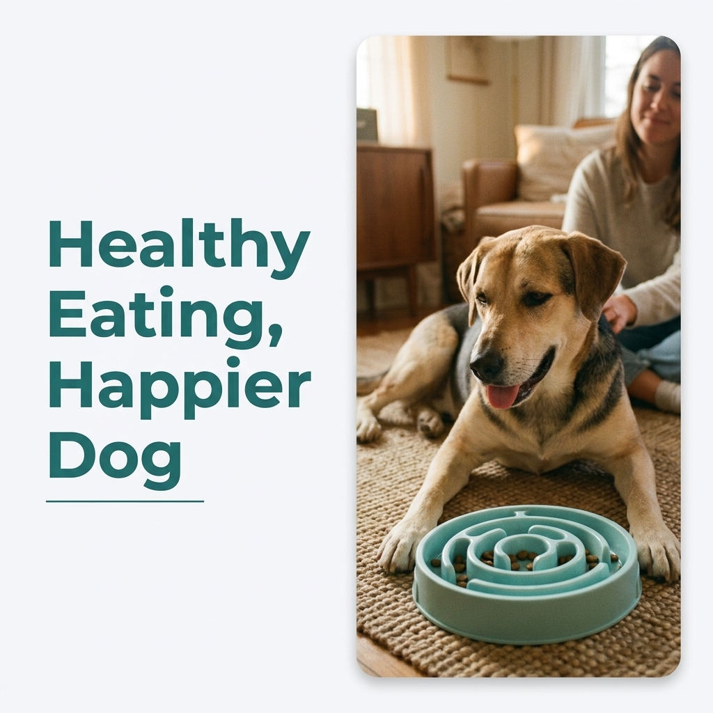 Dog eating from slow feeder bowl at home, healthy eating happier dog
