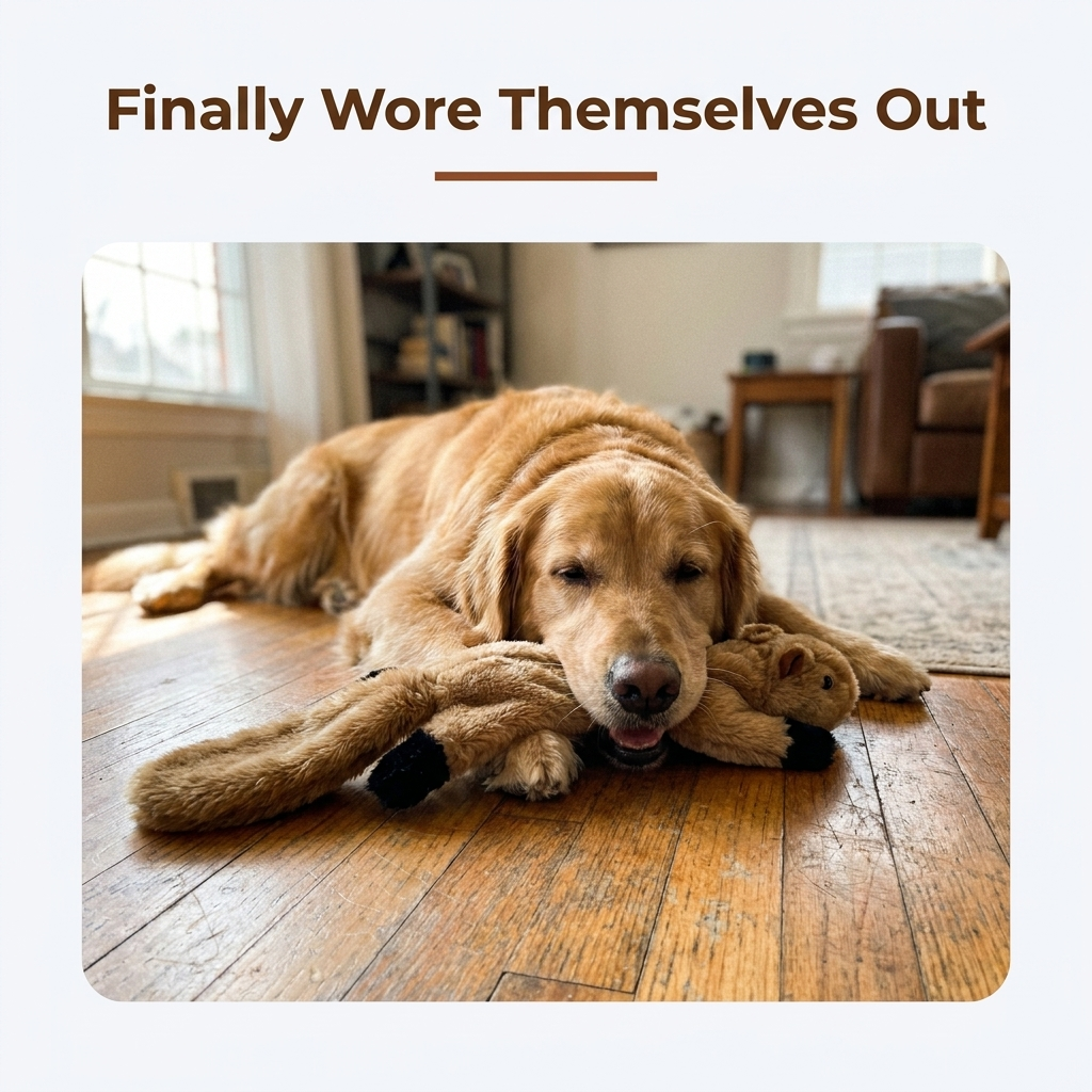 Dog resting after playing with squeaky plush chew toy