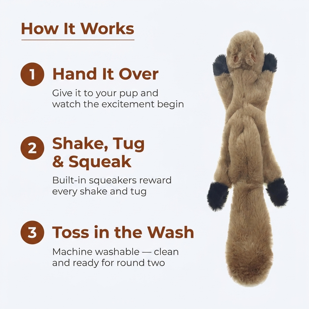 How it works: hand it over, shake tug and squeak, toss in the wash