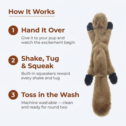 How it works: hand it over, shake tug and squeak, toss in the wash