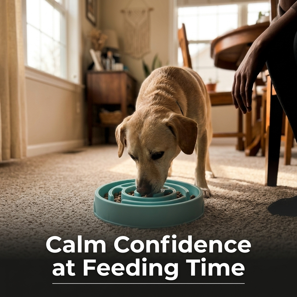 Dog eating calmly and confidently from slow feeder bowl