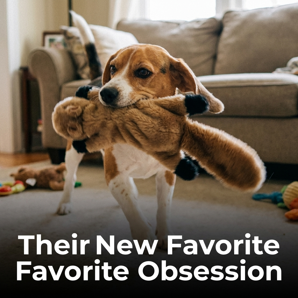 Dog carrying its new favorite squeaky plush toy
