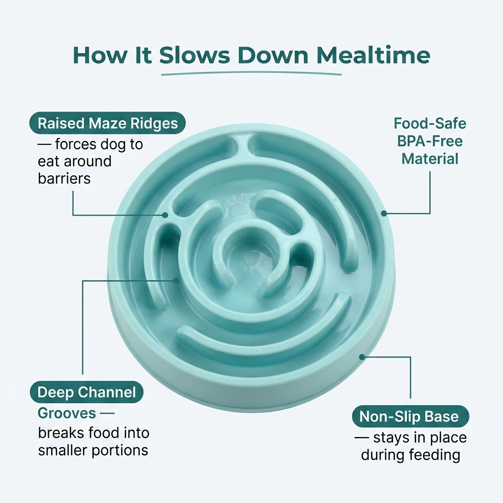 How it slows down mealtime, raised maze ridges, food-safe BPA-free material