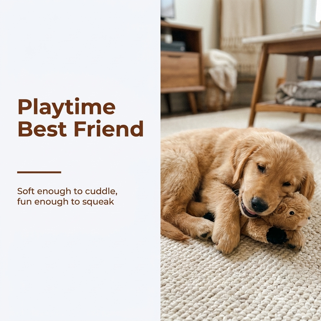 Plush chew toy sitting with a dog on the couch