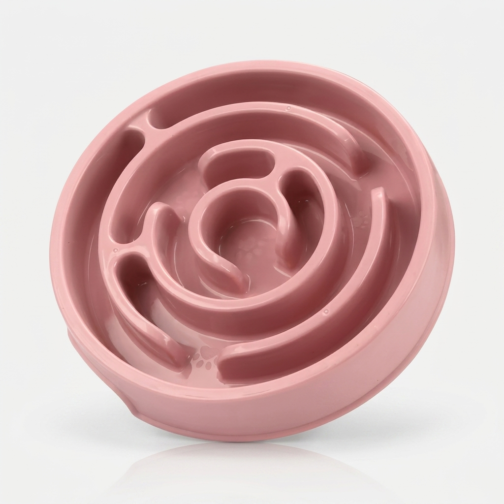 Pink macaron slow feeder dog bowl with maze design