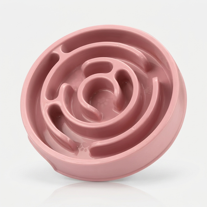Pink macaron slow feeder dog bowl with maze design