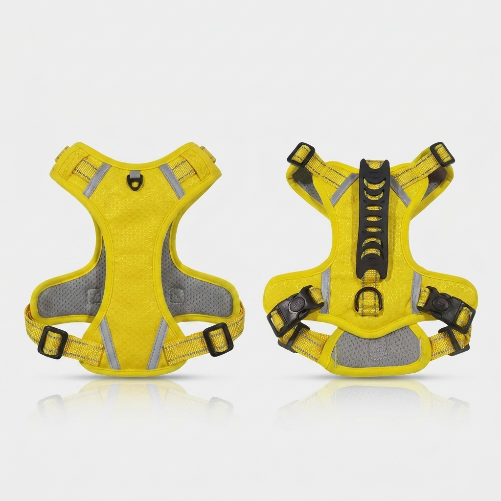 No-pull reflective dog harness in Yellow, front and back view
