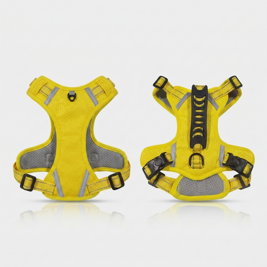 No-pull reflective dog harness in Yellow, front and back view