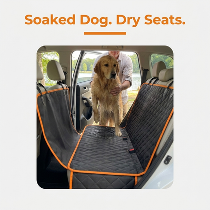 Soaked dog stepping onto dry, waterproof car seat cover