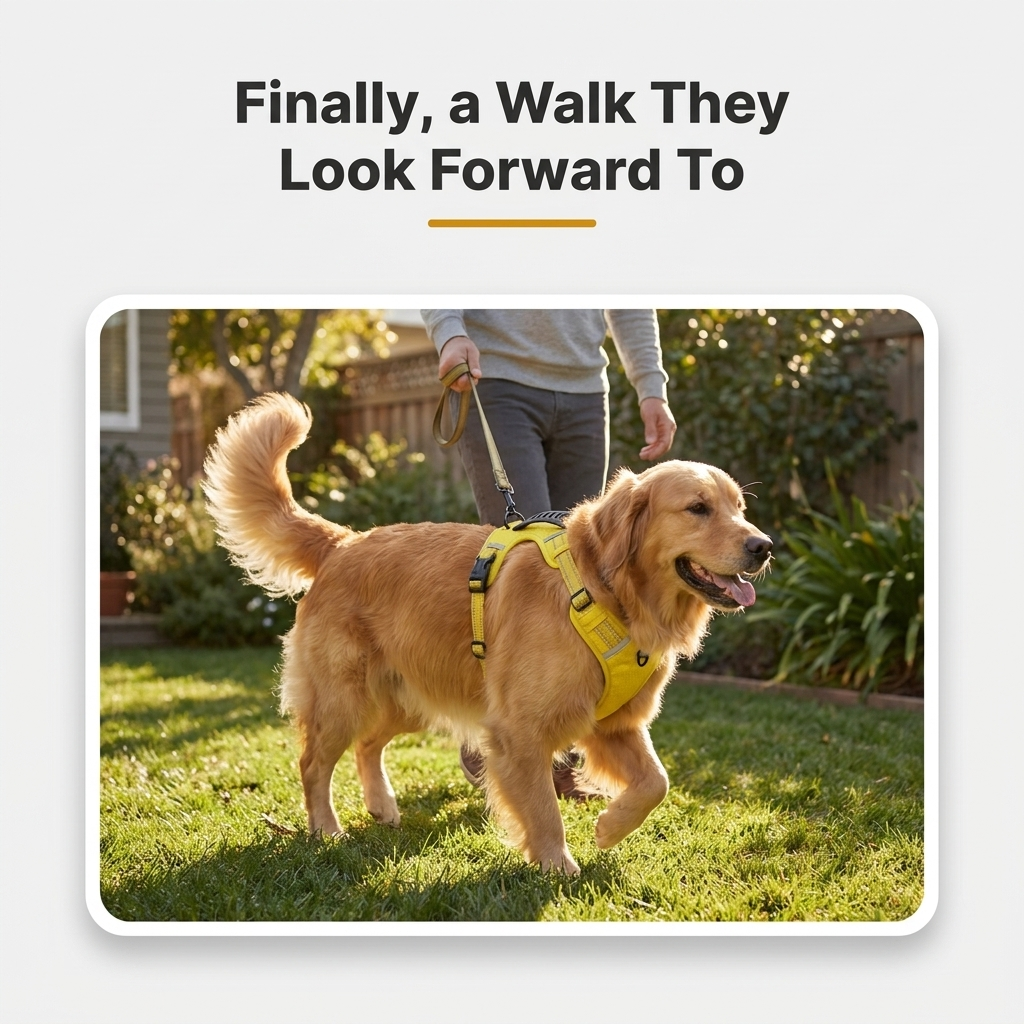 Golden retriever walking happily in yellow no-pull harness