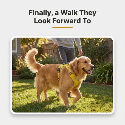 Golden retriever walking happily in yellow no-pull harness