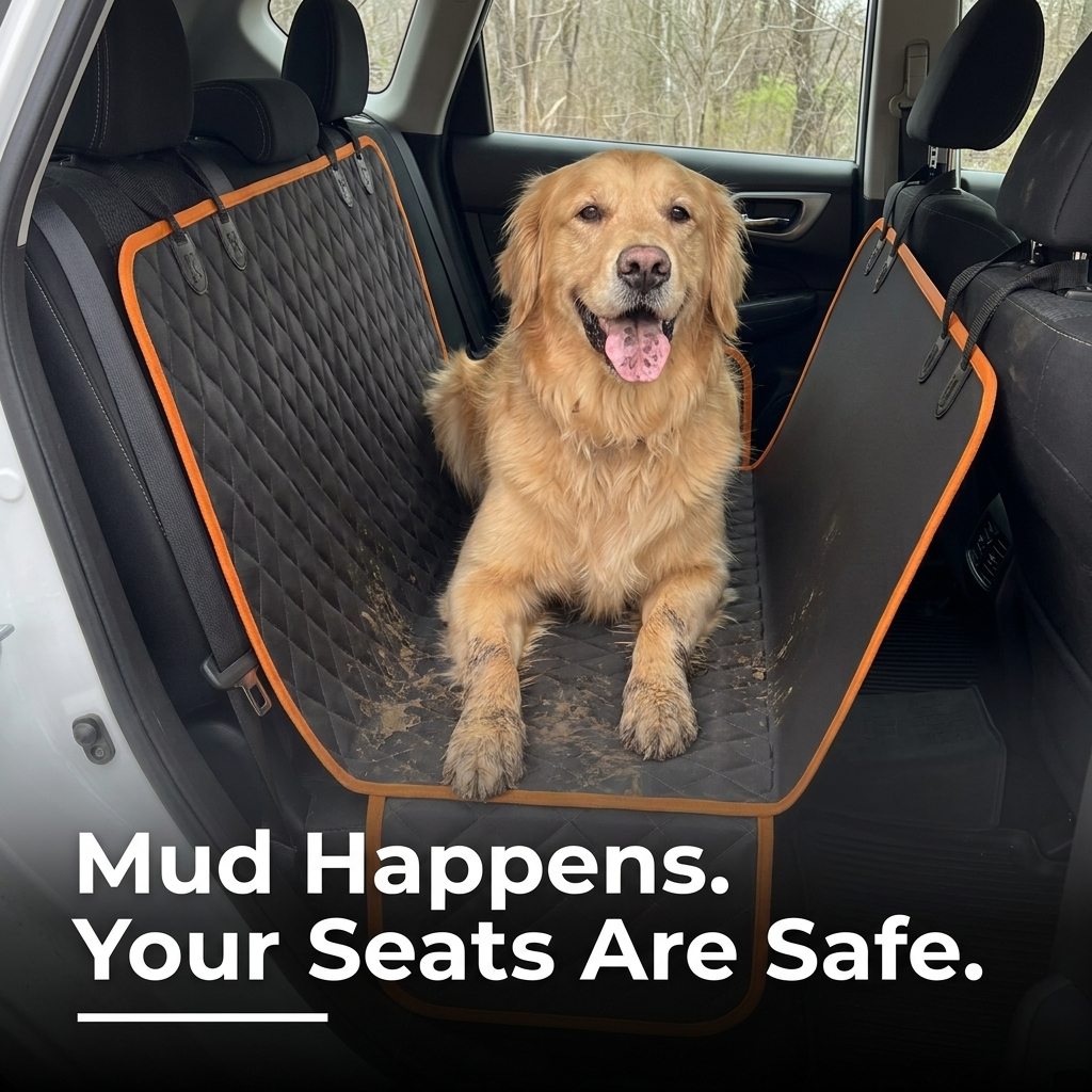 Muddy dog sitting safely on protected car seat cover