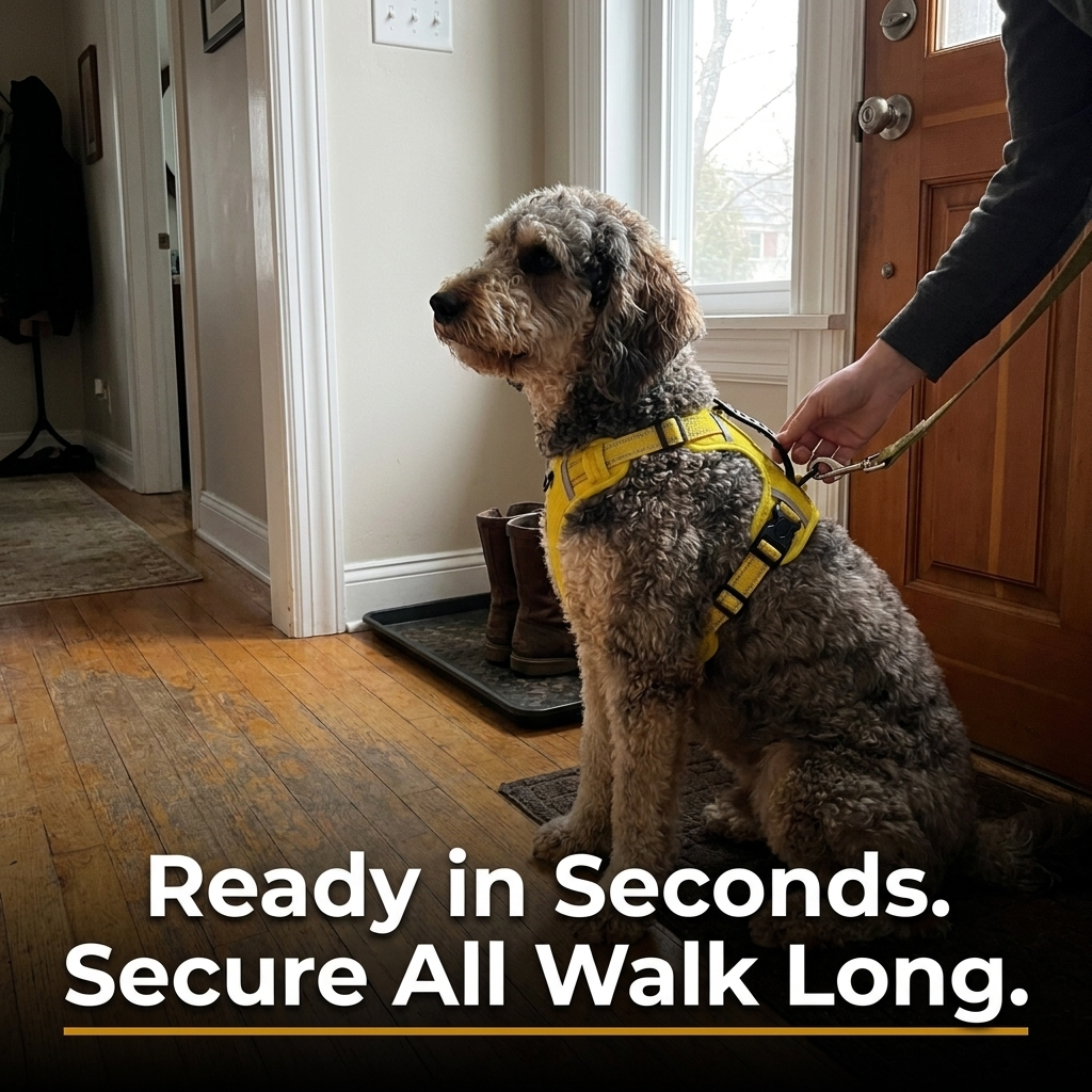 Dog ready for a walk wearing yellow harness by the front door