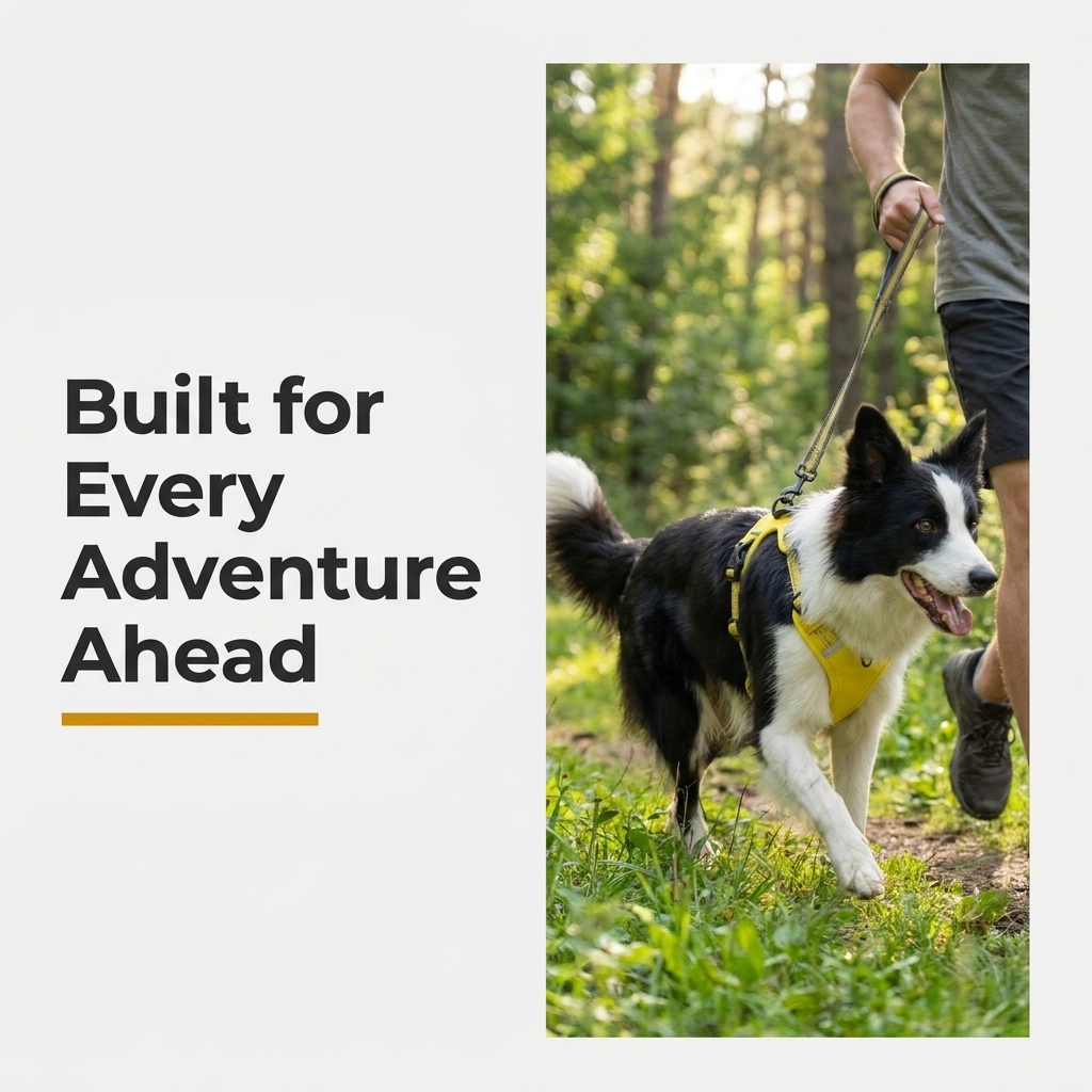 Border collie running on a trail wearing yellow reflective harness