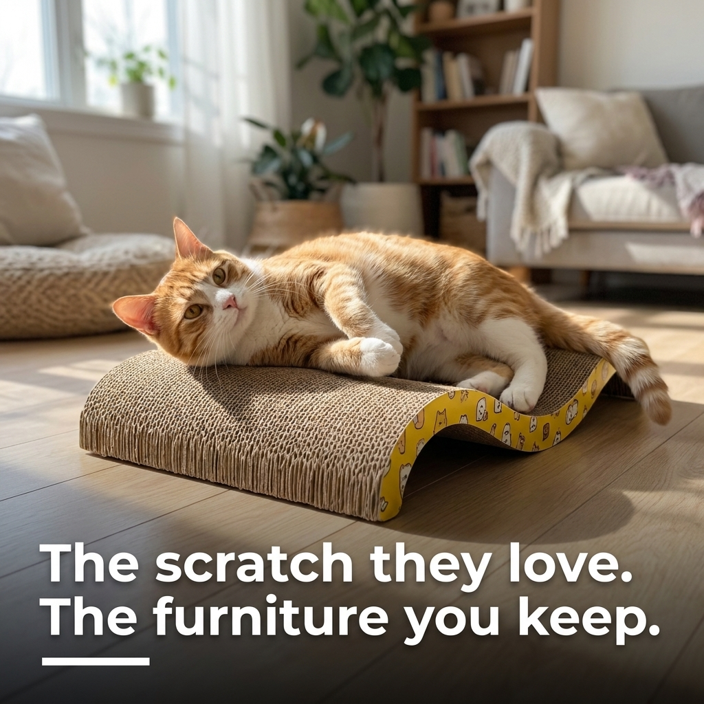 Cat lying and scratching on cardboard scratcher board
