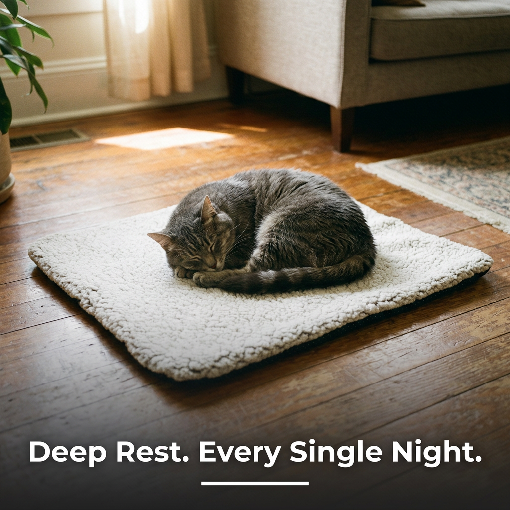 Cat curled up sleeping on self-heating pet blanket