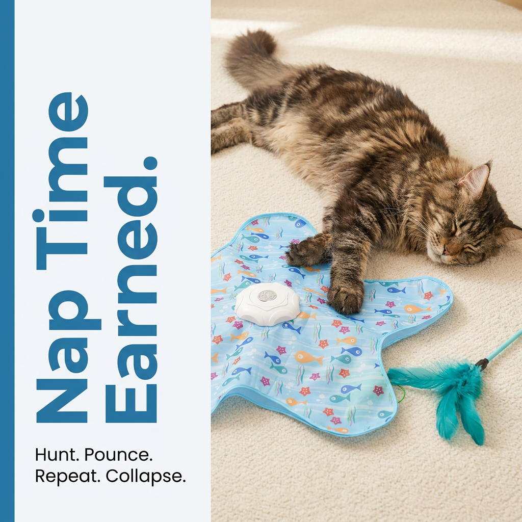 Nap time earned cat resting next to interactive toy