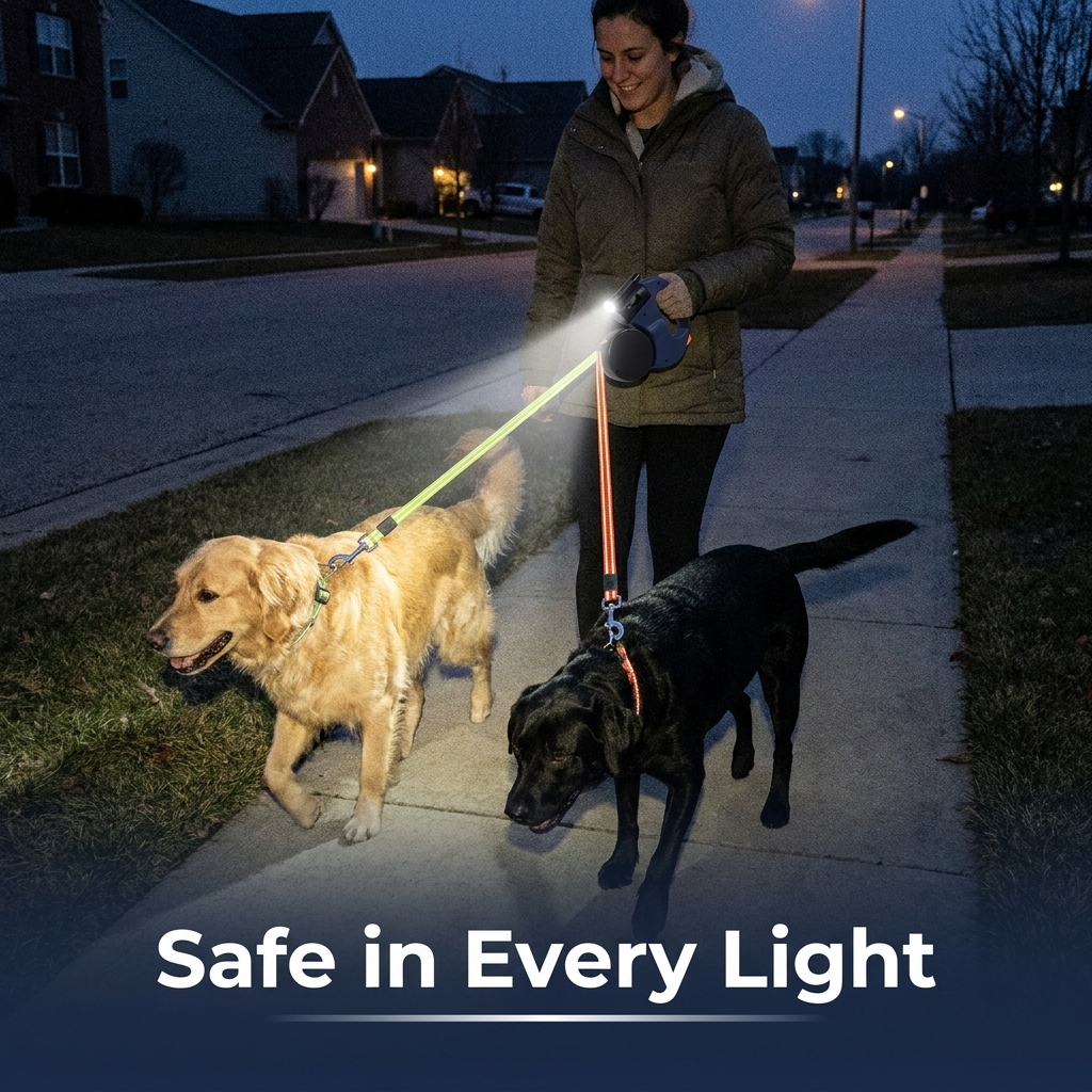 Safe in every light - woman walking two dogs at dusk with built-in LED flashlight