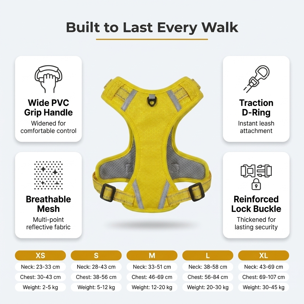 Dog harness features: wide grip handle, traction D-ring, breathable mesh, reinforced buckle, with size chart