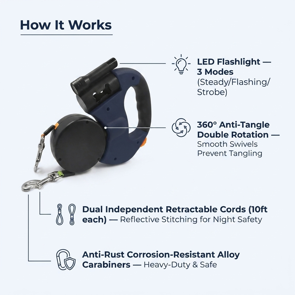 How it works: LED flashlight, 360 anti-tangle rotation, dual retractable cords, anti-rust carabiners