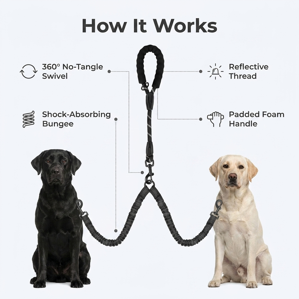 Double Dog Leash Reflective No Tangle Nylon Coupler
