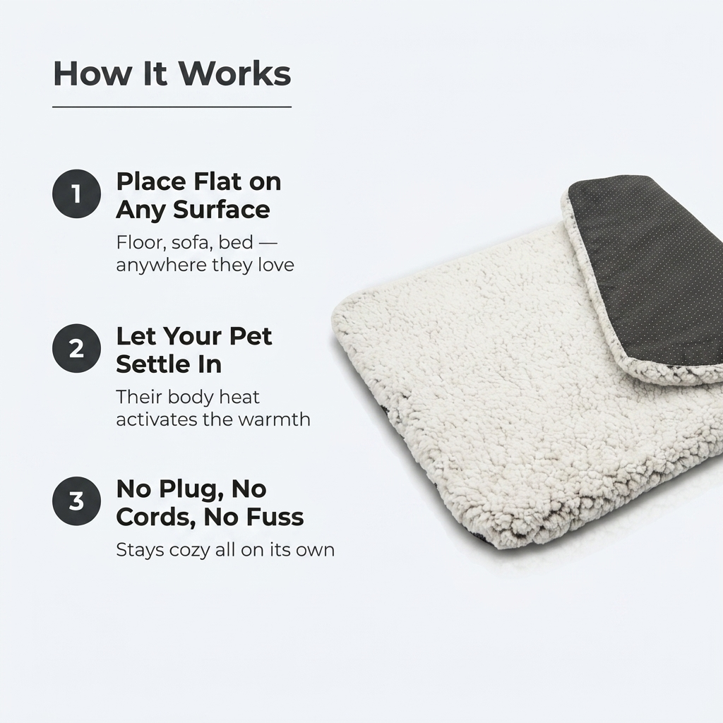 How It Works - place flat, let pet settle, no plug no cords