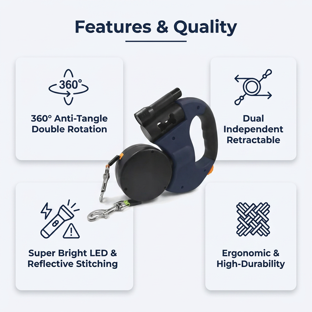 Features and quality: 360 anti-tangle rotation, dual independent retractable, super bright LED, ergonomic durability