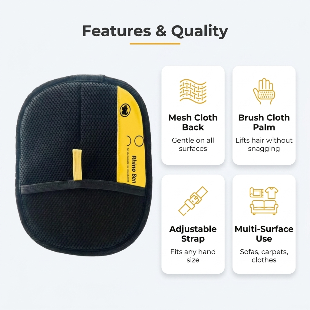 Features and quality: mesh cloth back, brush cloth palm, adjustable strap, multi-surface use