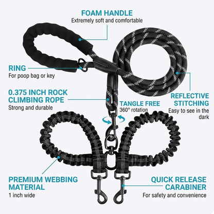 Double Dog Leash Reflective No Tangle Nylon Coupler