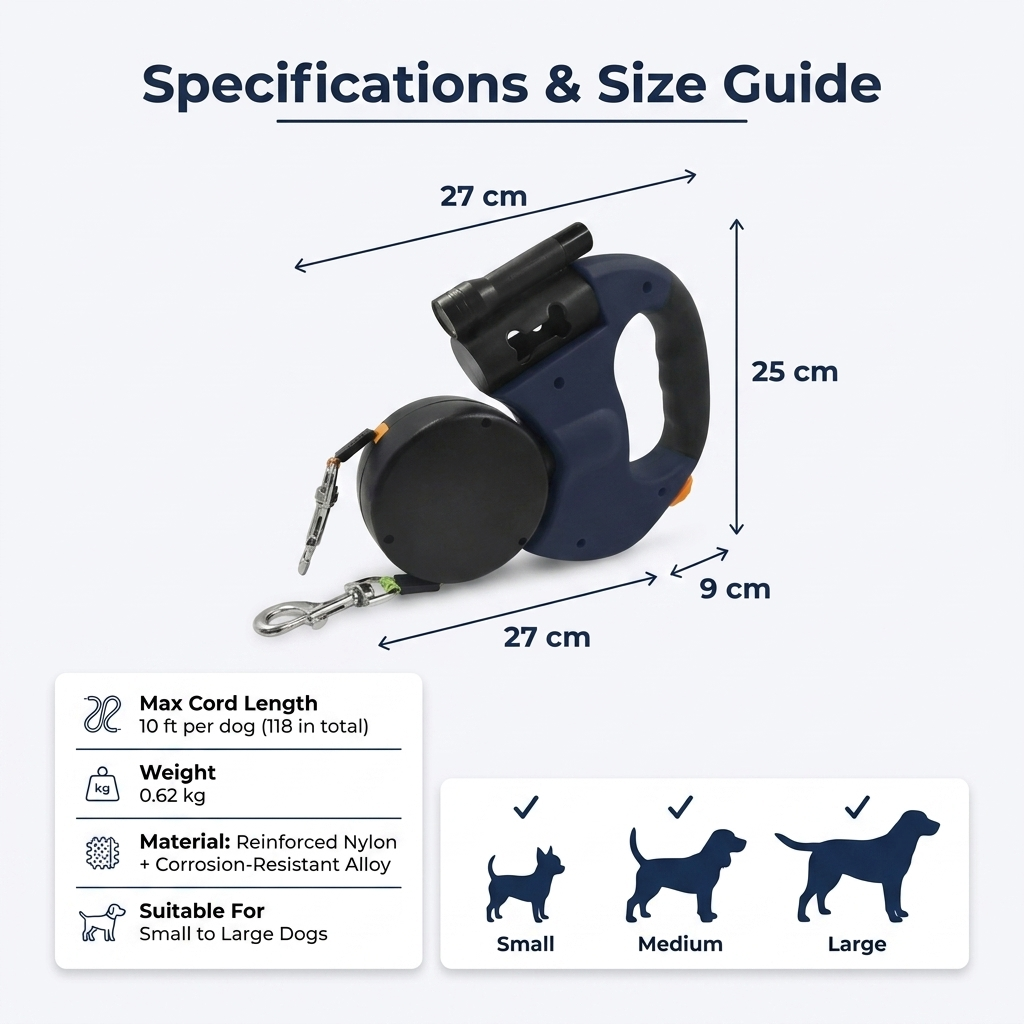 Specifications and size guide for double dog leash, suitable for small to large dogs