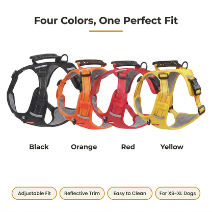 No-pull dog harness available in four colors: Black, Orange, Red, and Yellow