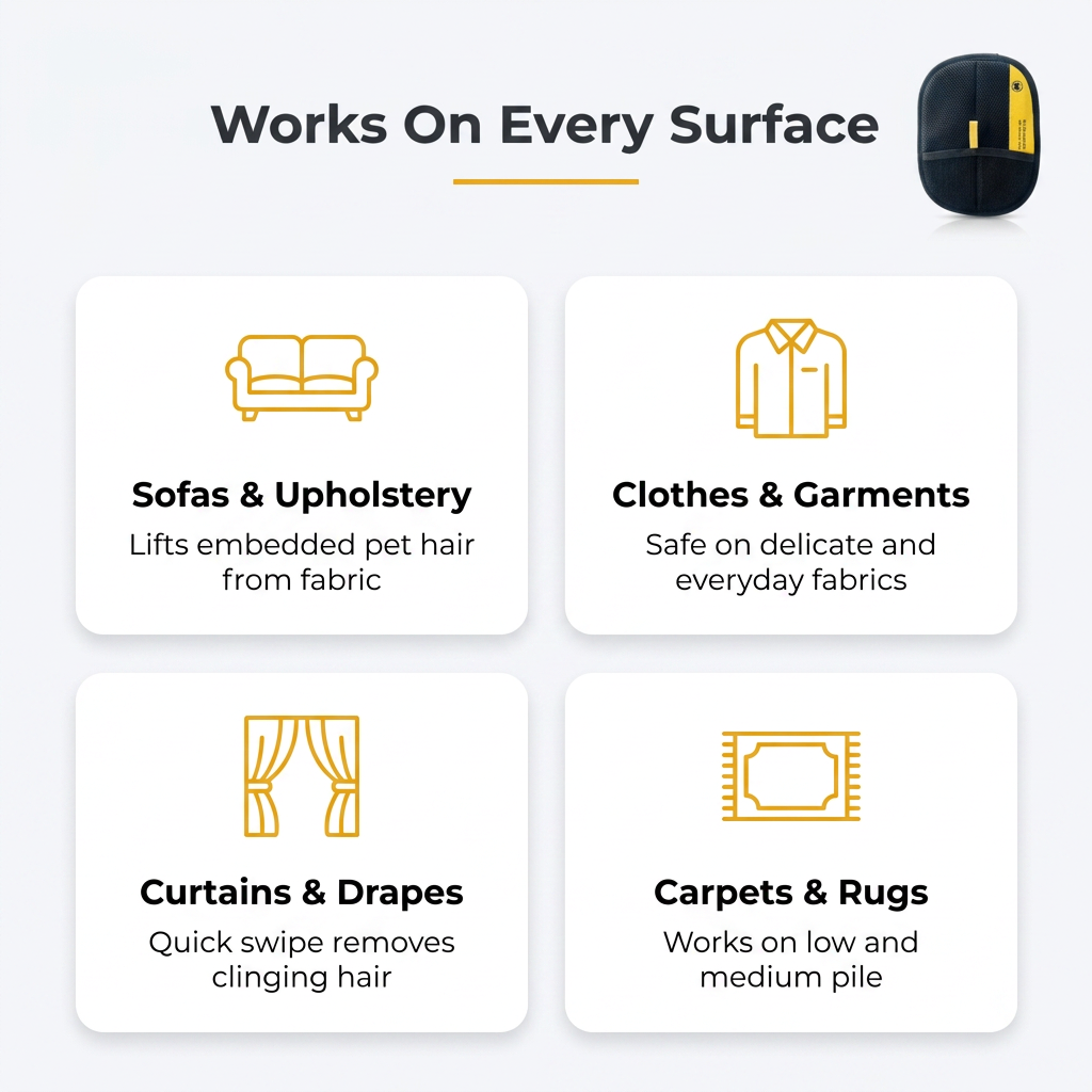 Works on every surface: sofas, clothes, curtains, carpets and rugs