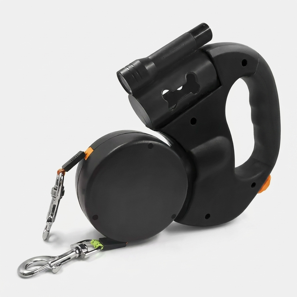 Retractable double dog leash in Black