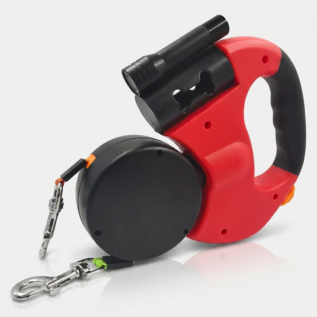 Retractable double dog leash in Red