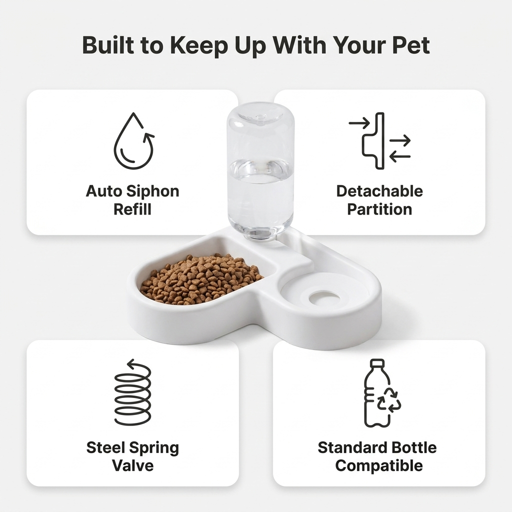 An infographic highlights the auto siphon refill and detachable partition features of the bowl.