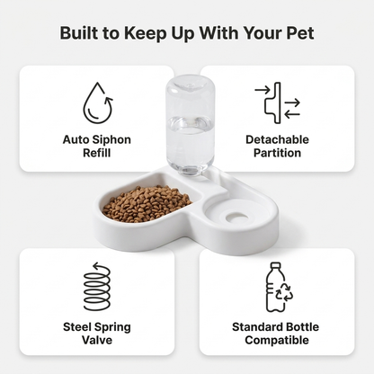 An infographic highlights the auto siphon refill and detachable partition features of the bowl.