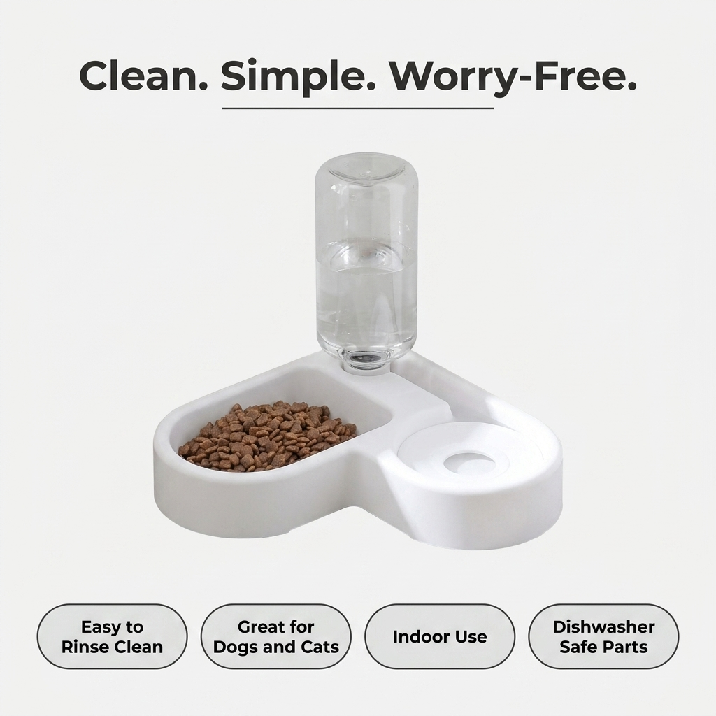 The double bowl feeder sits next to text describing it as clean, simple, and worry free.
