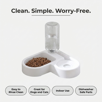 The double bowl feeder sits next to text describing it as clean, simple, and worry free.