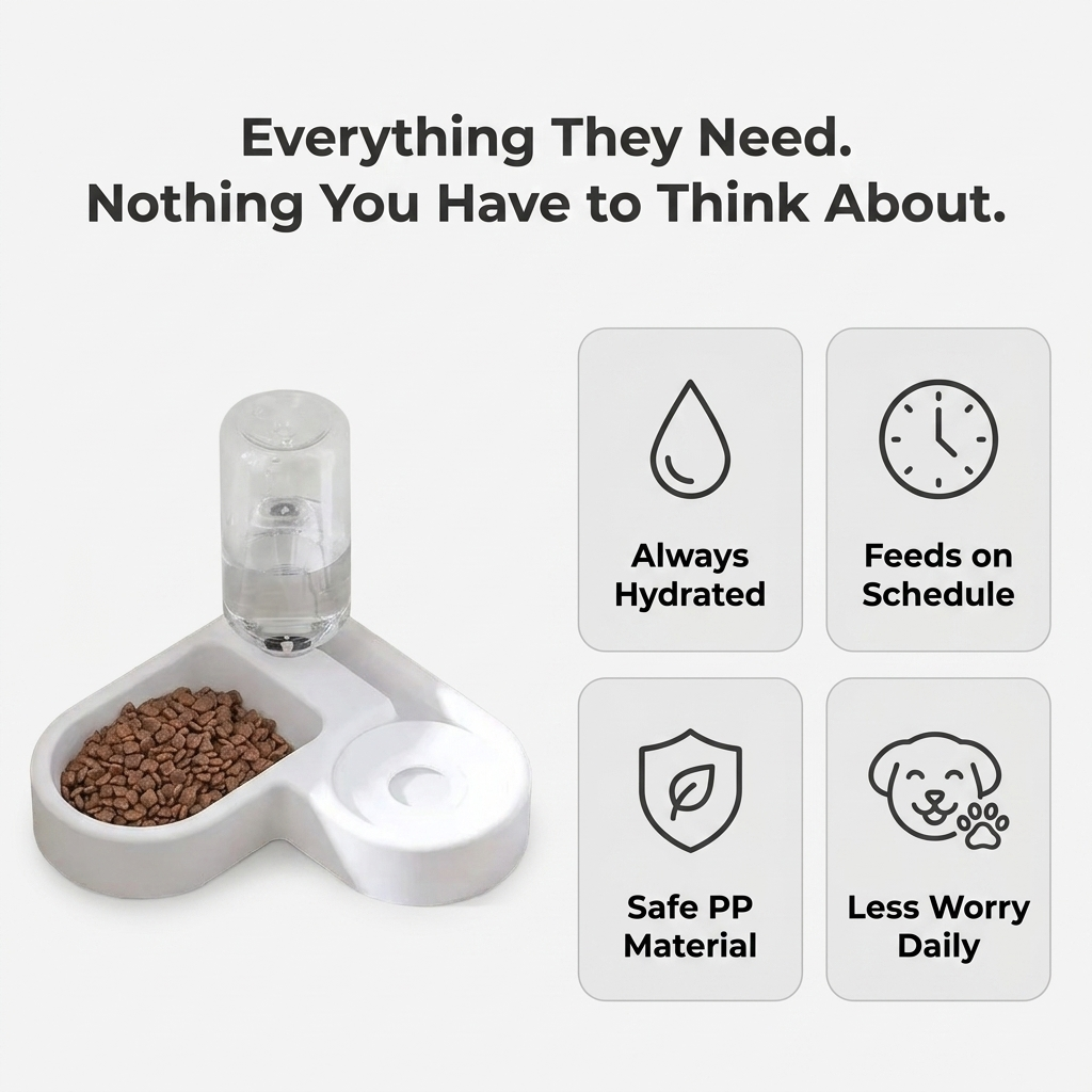An infographic lists benefits including always hydrated, feeds on schedule, safe plastic, and less worry.