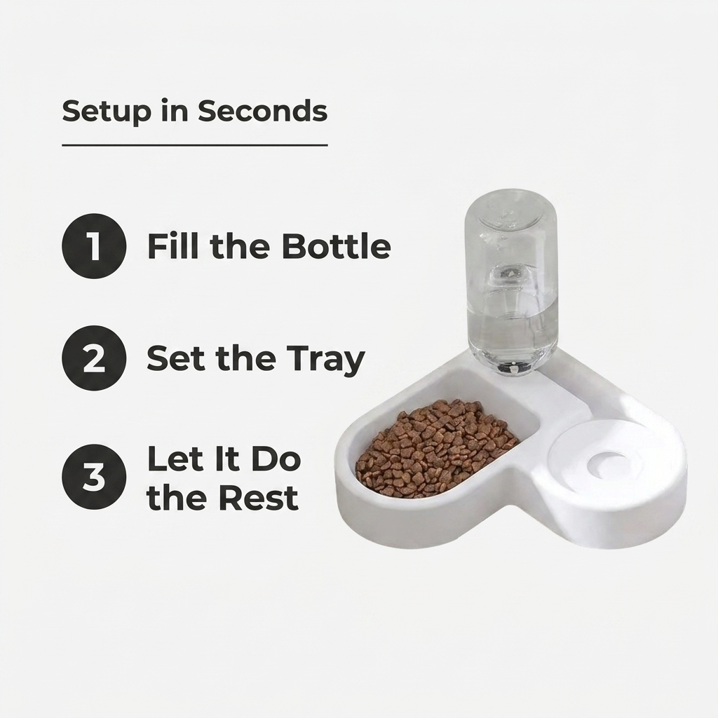 A three step infographic shows filling the bottle, setting the tray, and letting the feeder do the rest.