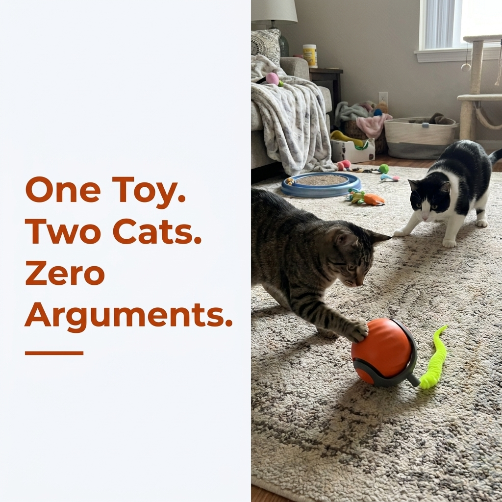 Two cats playing with rolling ball toy together