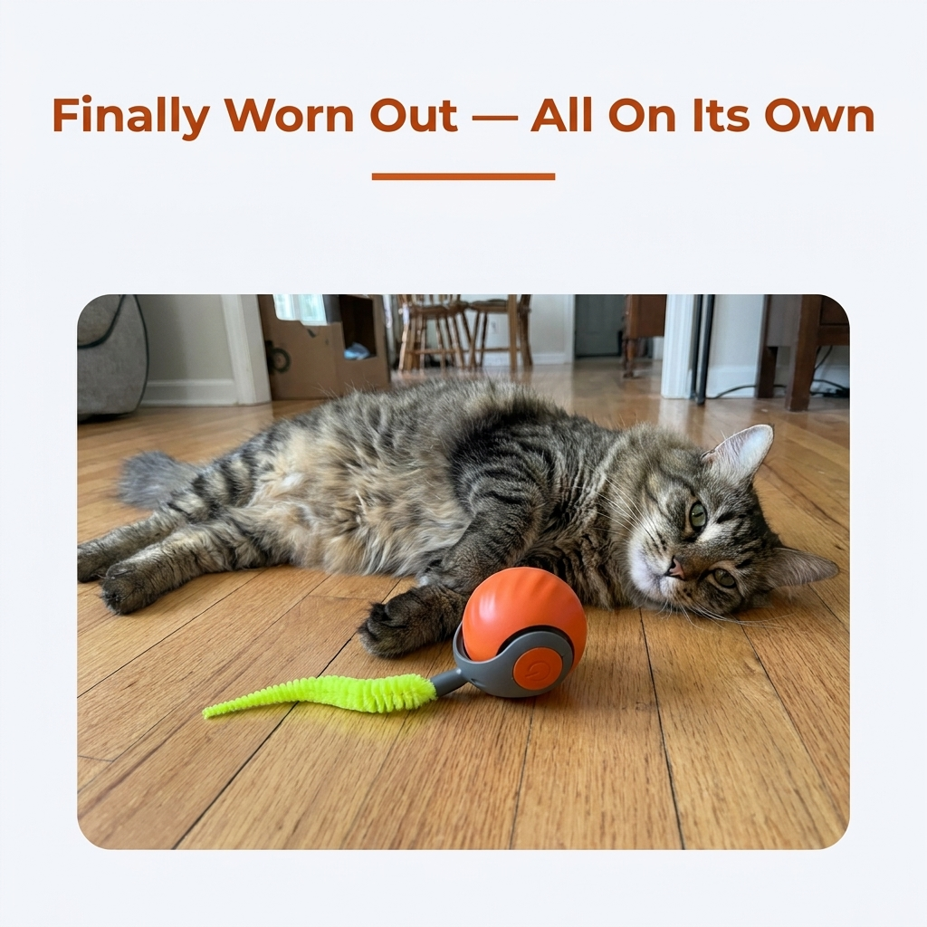 Cat worn out from playing with rolling ball toy