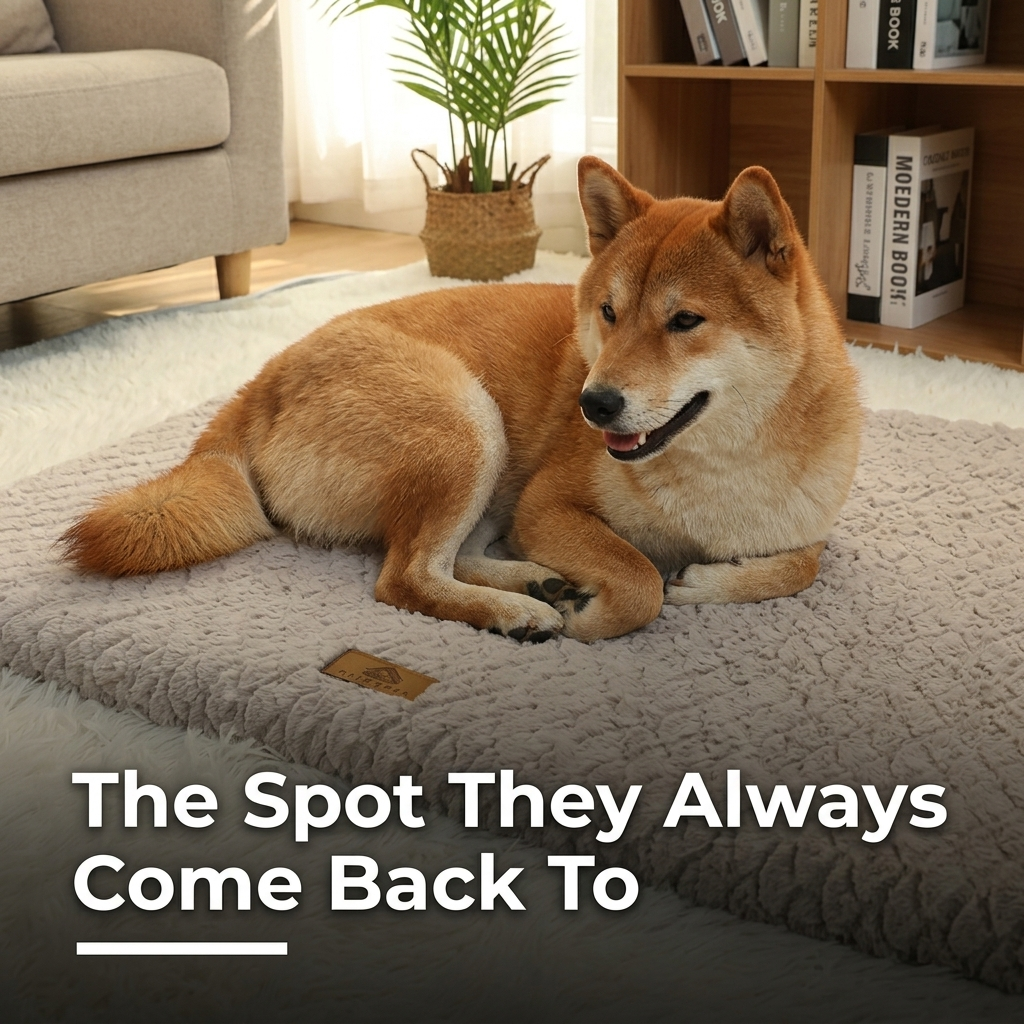 Dog curled up on foam pet bed in living room, the spot they always come back to