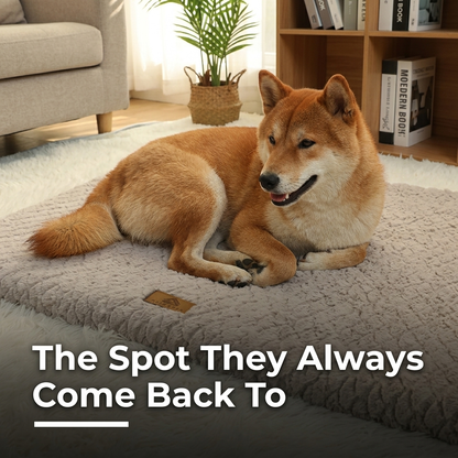 Dog curled up on foam pet bed in living room, the spot they always come back to