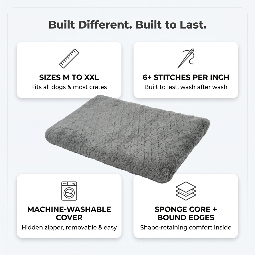 Foam pet bed features: sizes M to XXL, reinforced stitching, machine washable, sponge core
