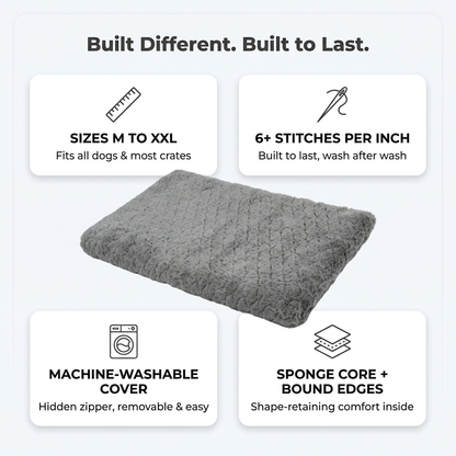 Foam pet bed features: sizes M to XXL, reinforced stitching, machine washable, sponge core