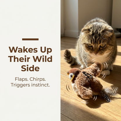 Cat batting simulated bird toy wakes up wild side